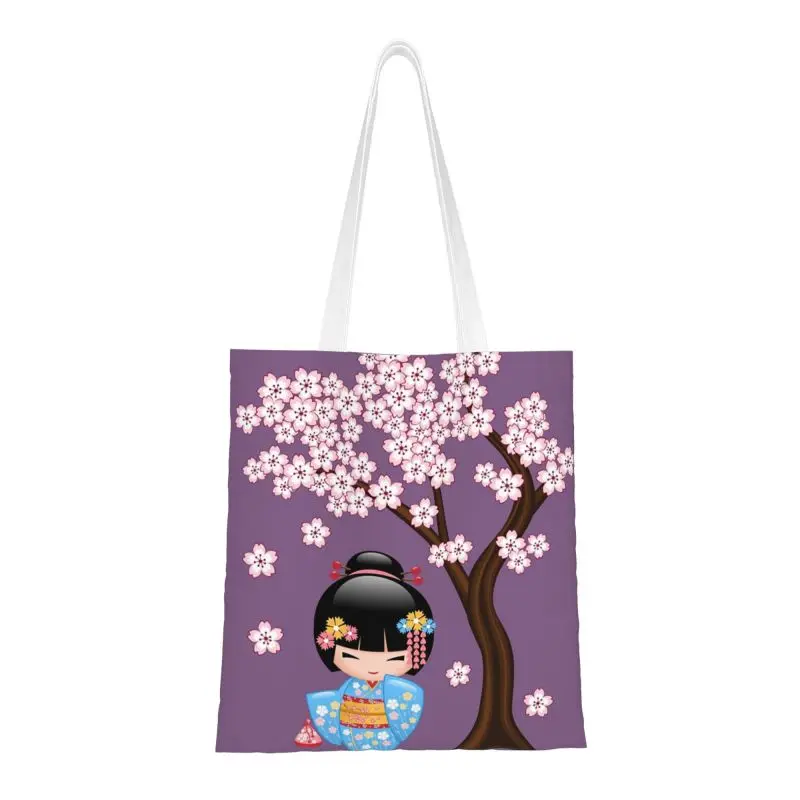 

Kokeshi Doll Grocery Tote Shopping Bag Women Fashion Japanese Sakura Cherry Blossom Canvas Shoulder Shopper Bag Big Handbag