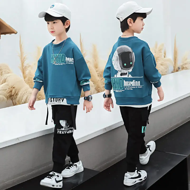 

Teen Boys Causal Sets Cartoon Letter Print Sweater Contrast Color Cargo Pocket Cuffed Pants Two Pieces Sport Spring Autumn 4-15