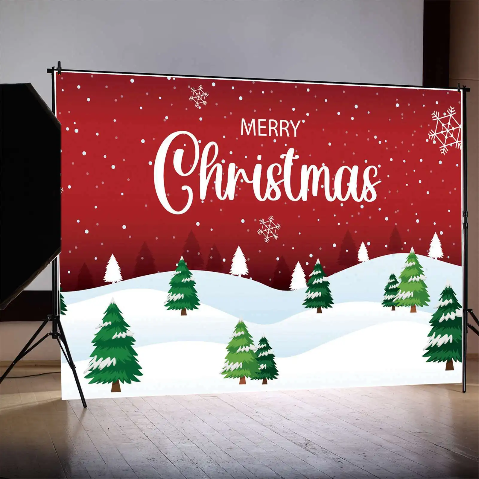 

MOON.QG Backdrop Snowflake Merry Christmas Banner Poster Red Party Wall Decor Background White Snow Field Pine Tree Photo Booth