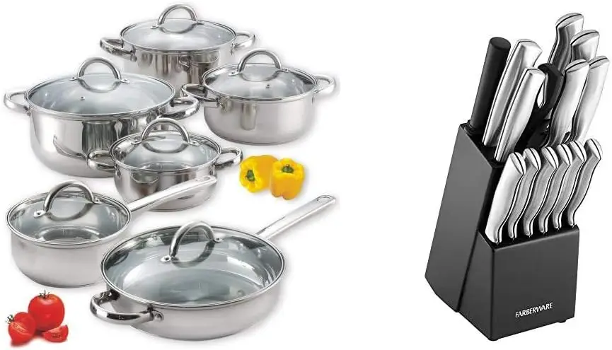 Stainless Steel Cookware Set, Silver & Stamped 15-Piece High-Carbon Stainless Steel Knife Block Set, Steak Knives, Black
Stainless Steel Cookware Set, Silver & Stamped 15-Piece High-Carbon Stainless Steel Knife Block Set, Steak Knives, Black