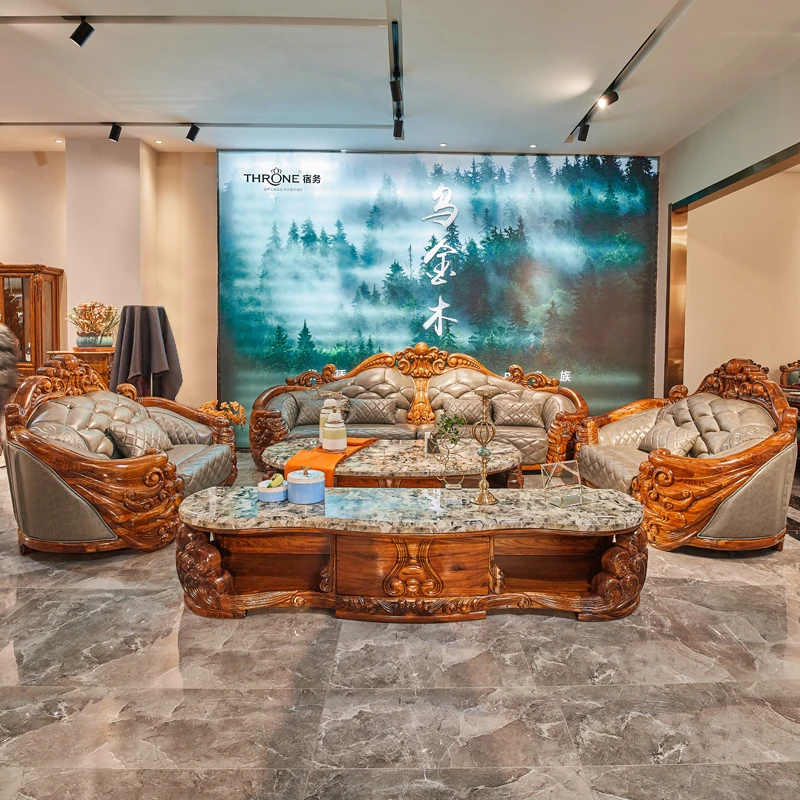 European style solid wood sofa, leather villa, ebony wood combination, large family, luxury carved high-end living room, full se
European style solid wood sofa, leather villa, ebony wood combination, large family, luxury carved high-end living room, full se