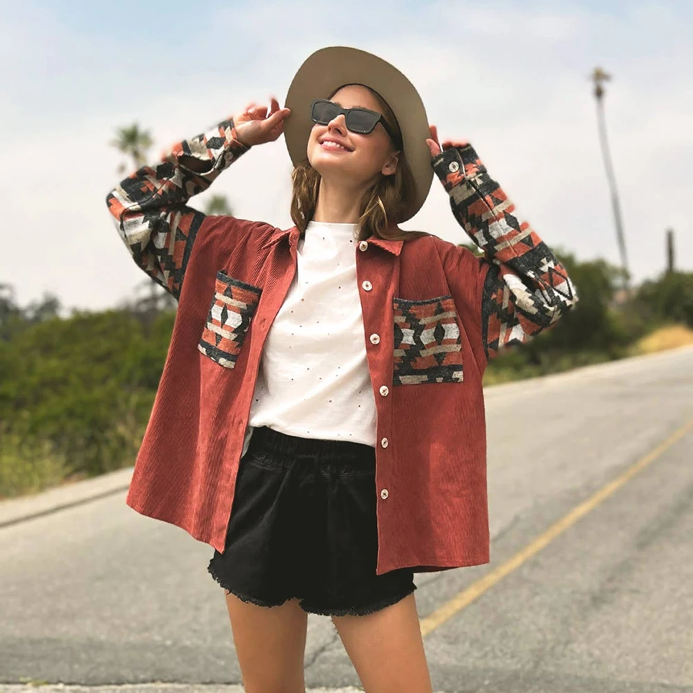 Aztec Style Corduroy Jacket Women's Autumn Winter New Geometric Print Patchwork Coat Lapel Single Breasted Ethnic Style Jacket
Aztec Style Corduroy Jacket Women's Autumn Winter New Geometric Print Patchwork Coat Lapel Single Breasted Ethnic Style Jacket