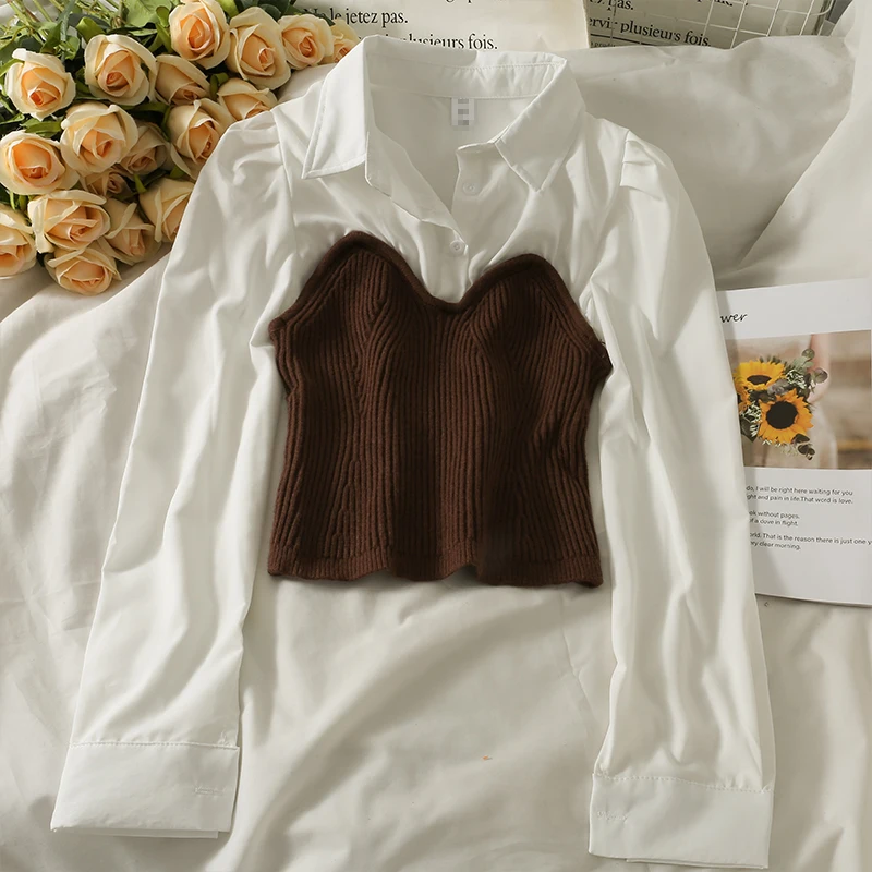 

Модная женская короткая блузка с отложным воротником, облегающий пуловер с длинным рукавом, корейский шикарный Вязаный топ в стиле пэчворк, Новинка осени 2022