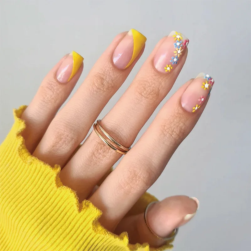 

Желтый милый маленький цветной цветок геометрический косый французский носимый накладной ноготь съемный готовый накладной ноготь для ногтей