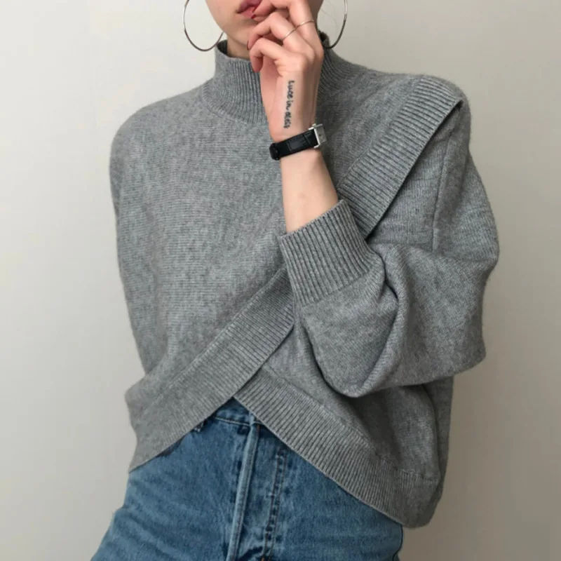 Fashion Half-turtleneck Women Sweater Jumpers 2020 Autumn Winter Knitwear Cross Split Loose Female Knitted Pullovers
Fashion Half-turtleneck Women Sweater Jumpers 2020 Autumn Winter Knitwear Cross Split Loose Female Knitted Pullovers