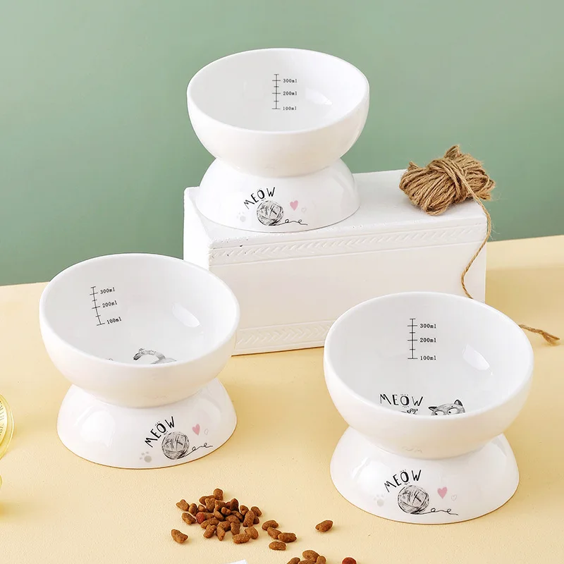 

Pet Ceramic Bowl Elevated Cat Food Water Feeders Small Dogs Raised Drinking Eating Supplies Tilted Puppy Cats Bowls 300ml