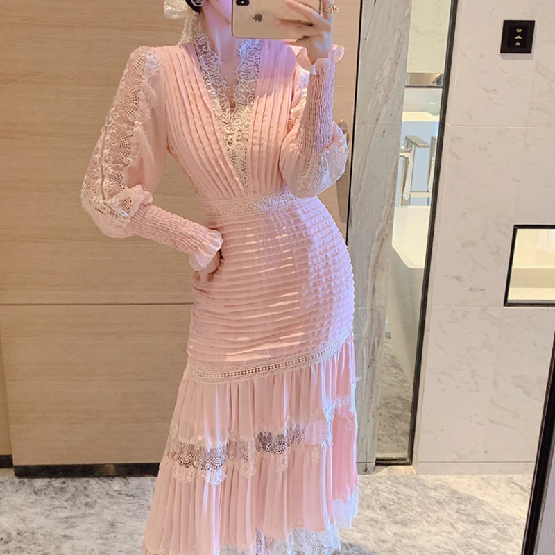 A GIRLSVintage Pink Lace Dress Women V-neck Puff Sleeve High Waist Party Dresses Chiffon Elegant Long Bodycon Dress Woman
A GIRLSVintage Pink Lace Dress Women V-neck Puff Sleeve High Waist Party Dresses Chiffon Elegant Long Bodycon Dress Woman