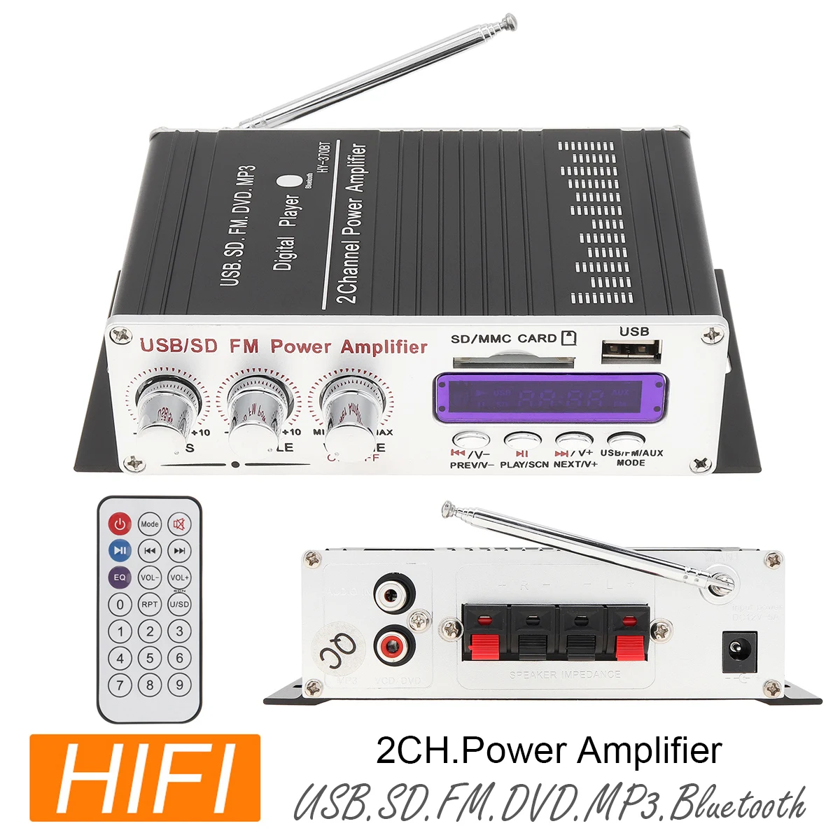 370BT Remote Control Bluetooth 2CH HI-FI Car Audio Power Amplifier FM Radio Player Support SD / USB / DVD / MP3
370BT Remote Control Bluetooth 2CH HI-FI Car Audio Power Amplifier FM Radio Player Support SD / USB / DVD / MP3