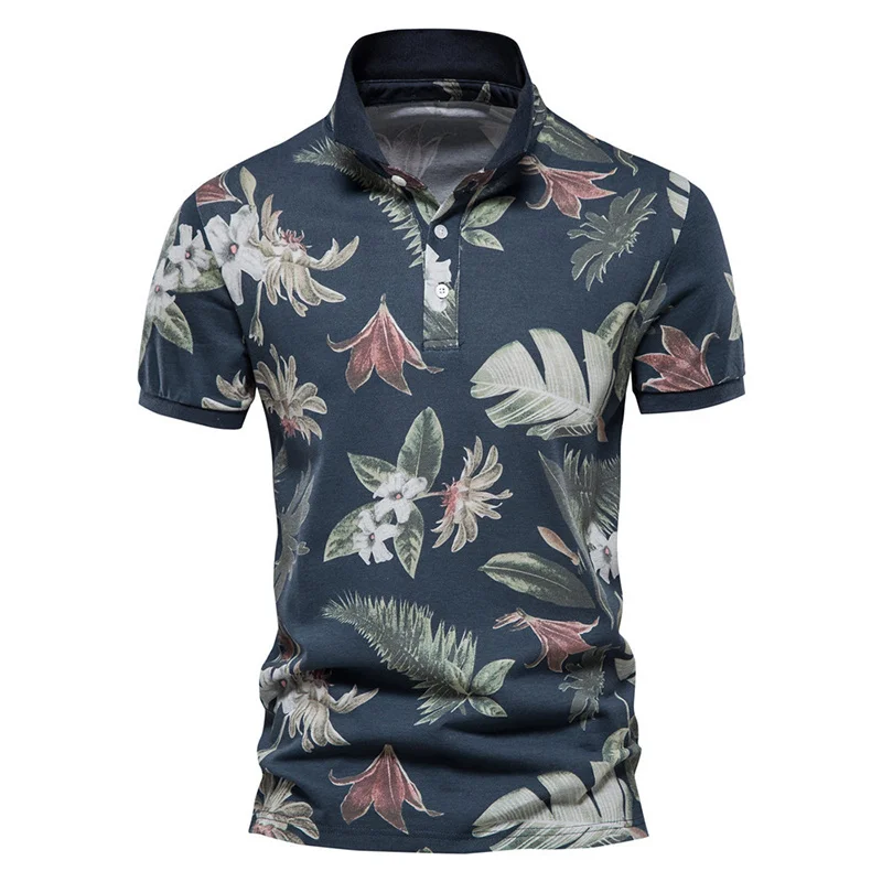 

Hawaii Style Polo Shirts for Men 100% Cotton Short Sleeve Quality Flower Leaf Printed 's Polos T Summer Clothing