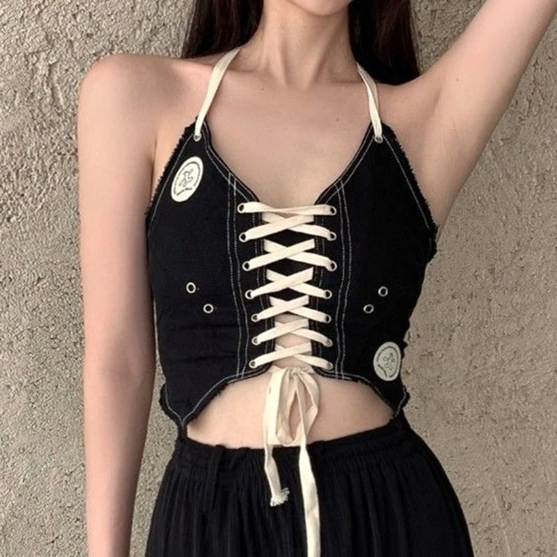 

Spicy Girl Style Mesh Embroidery Irregular Splice Lace up Open Back Sexy Sling crop top women tank top women cute tops