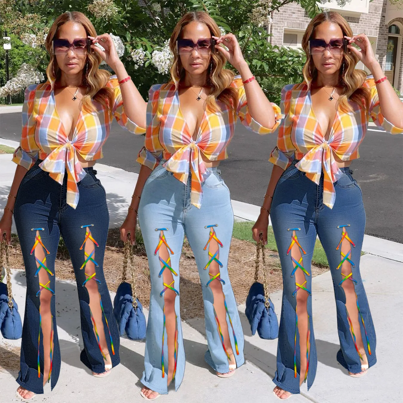 Ladies summer new street high waist personality color cross straps popular flared jeans foreign trade hot pants
Ladies summer new street high waist personality color cross straps popular flared jeans foreign trade hot pants