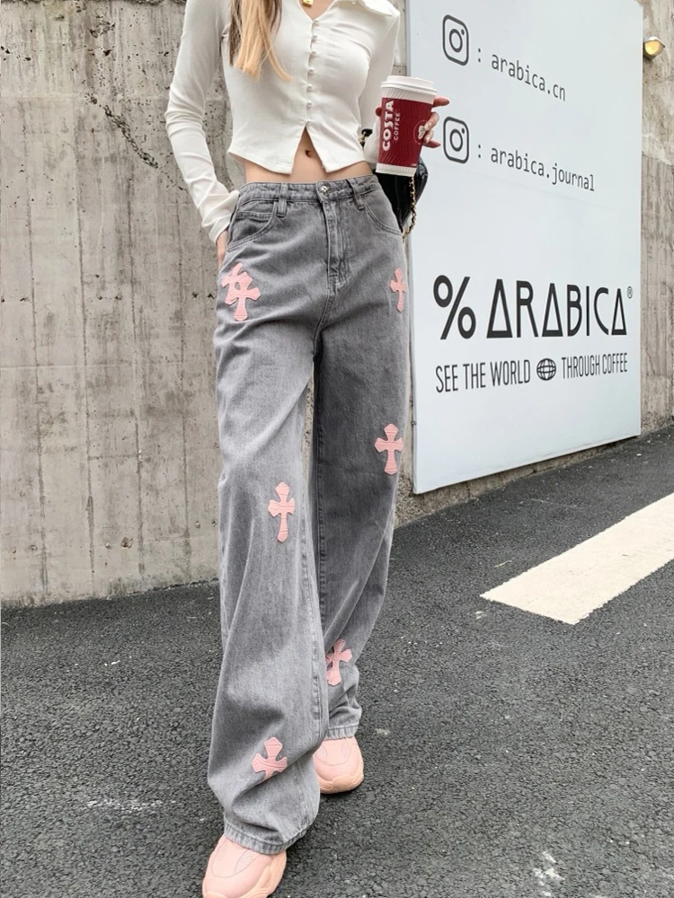 Y2k Gray Jeans European And American High Street Cross Embroidery Hip-Hop Tide Brand Straight Loose Wide-Leg Pants Ins Hot Sale 
Y2k Gray Jeans European And American High Street Cross Embroidery Hip-Hop Tide Brand Straight Loose Wide-Leg Pants Ins Hot Sale