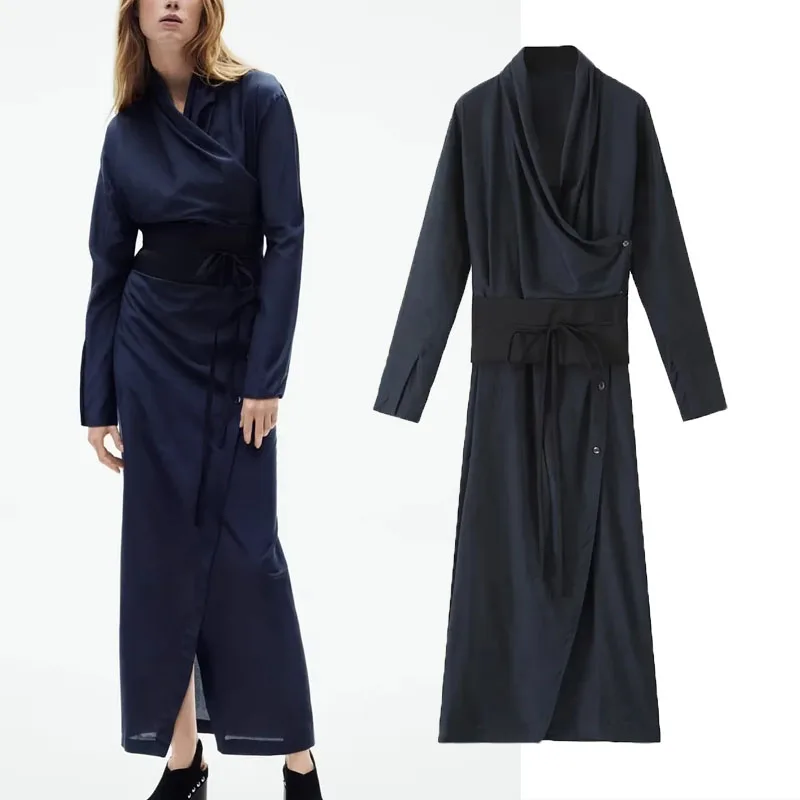 

TRAF Blue Long Kimono Dress Women Japan Style Adjustable Tie Belted Button Dresses Vintage Woman Flowy V-neck Long Sleeve Dress