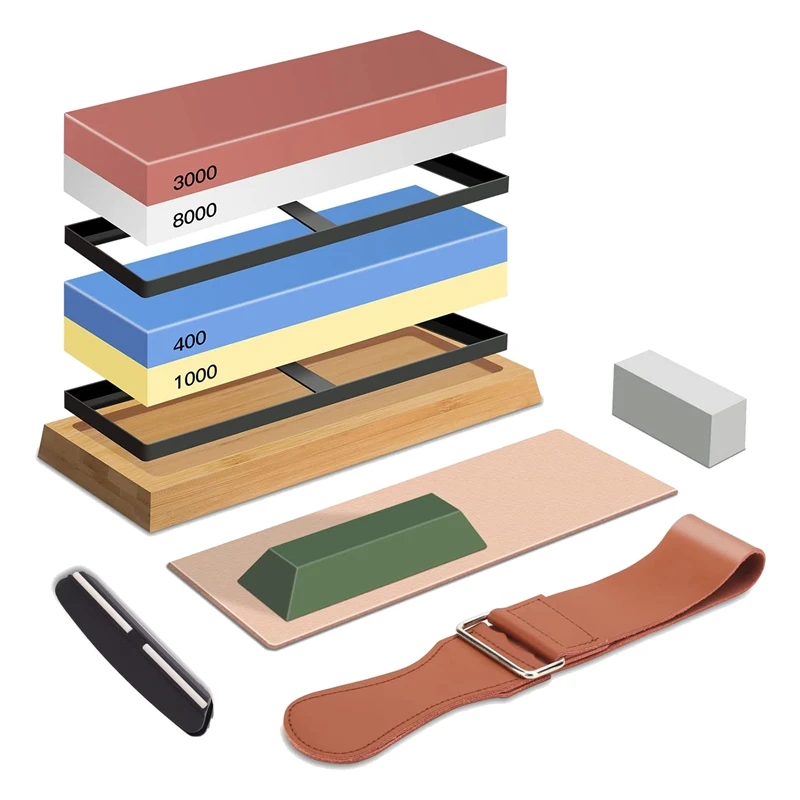Knife Sharpening Stone Kit, 4 Side Grit 400/1000 3000/8000 Whetstone, Professional Whetstone Knife Sharpener Set
Knife Sharpening Stone Kit, 4 Side Grit 400/1000 3000/8000 Whetstone, Professional Whetstone Knife Sharpener Set