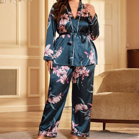 Пижамный комплект Jxgarb женский из двух предметов, шелковая пижама с цветочным принтом и V-образным вырезом, пикантная одежда для сна, большие размеры 5XL, 4XL