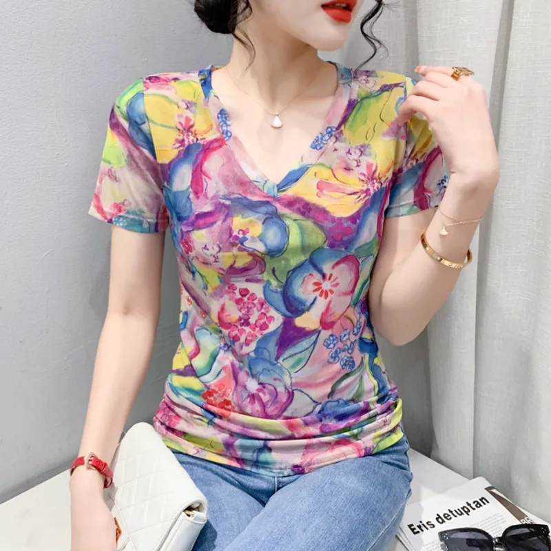 #6248 Summer Tie Dyed Flower Printed Mesh T Shirt Women V-neck Sexy Tight T-shirt Femme Vintage Elastic Mesh Womens Tee Shirts
#6248 Summer Tie Dyed Flower Printed Mesh T Shirt Women V-neck Sexy Tight T-shirt Femme Vintage Elastic Mesh Womens Tee Shirts