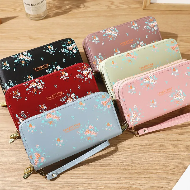 

Women Double Zippers Wallets Lady Long Coin Purses Cards Holder Woman Handbags Billfold Wallet Burse Wristlet Flower Money Bags