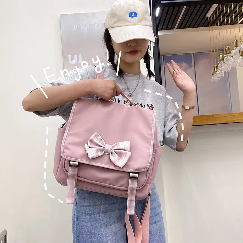 

Student Backpack Bowknot Girl Cute Lattice Student SchoolBag Large Capacity Japanese Shoulder Messenger Bag