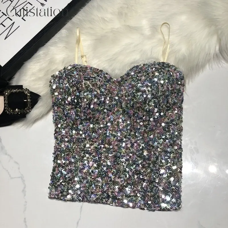 

Cutistation Silver Sequined Cami Tops Womens Clothing 2023 Spaghetti Strap Sexy Coquette Glitter Crop Top Party Nightclub Outfit
