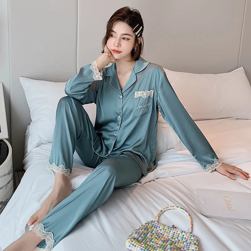 Satin Pajamas Set Women's Long Sleeve Simple and Fashionable 2 Piece Set Ladies Autumn Home Sleepwear Lace Pocket Pijamas Women
Satin Pajamas Set Women's Long Sleeve Simple and Fashionable 2 Piece Set Ladies Autumn Home Sleepwear Lace Pocket Pijamas Women