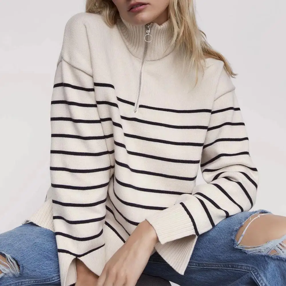 Women Sweater New Fashion Stripe Loose Zipper Casual Knitting Sweaters Vintage Long Sleeve Loose O Neck Female Pullovers Tops
Women Sweater New Fashion Stripe Loose Zipper Casual Knitting Sweaters Vintage Long Sleeve Loose O Neck Female Pullovers Tops