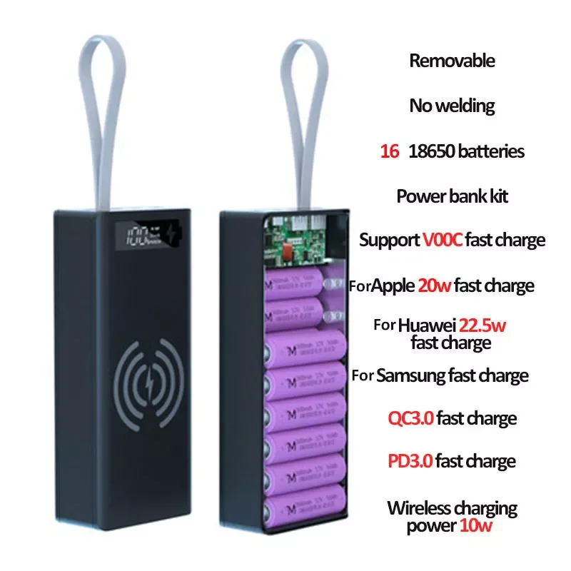 Welding Free 16*18650 Battery Storage Box PD QC3.0 USB 10W Fast Wireless Charging Power Bank Case 18650 Battery Holder Box
Welding Free 16*18650 Battery Storage Box PD QC3.0 USB 10W Fast Wireless Charging Power Bank Case 18650 Battery Holder Box