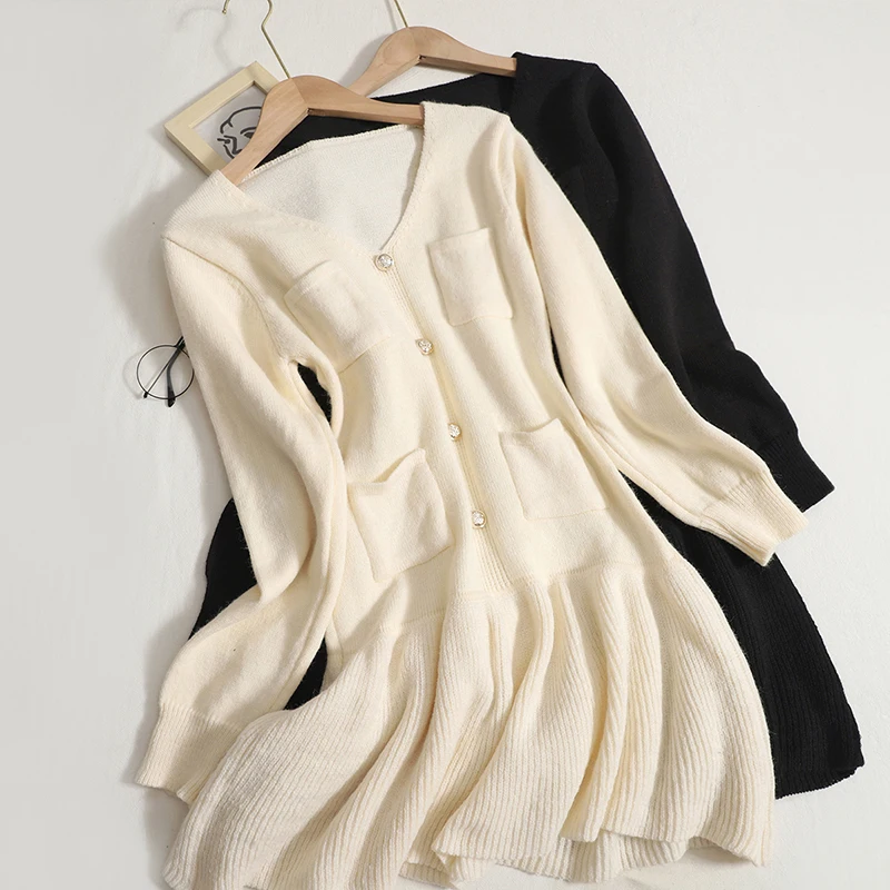 Hikigawa Chic Fashion Women French V Neck Long Sleeve Knitted Dresses Autumn Pure Elegant Pockets Vestidos Mujer Free Shipoping 
Hikigawa Chic Fashion Women French V Neck Long Sleeve Knitted Dresses Autumn Pure Elegant Pockets Vestidos Mujer Free Shipoping