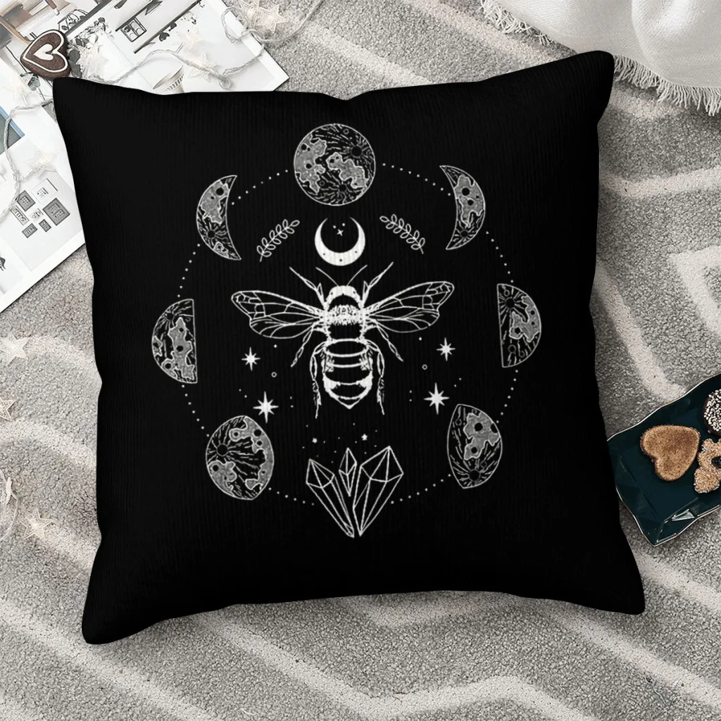 

Mystical Magical Bee With Moon Phase Stars Crystals Witchy Boho Celestial Polyester Cushion Cover Reusable Throw Pillowcase
