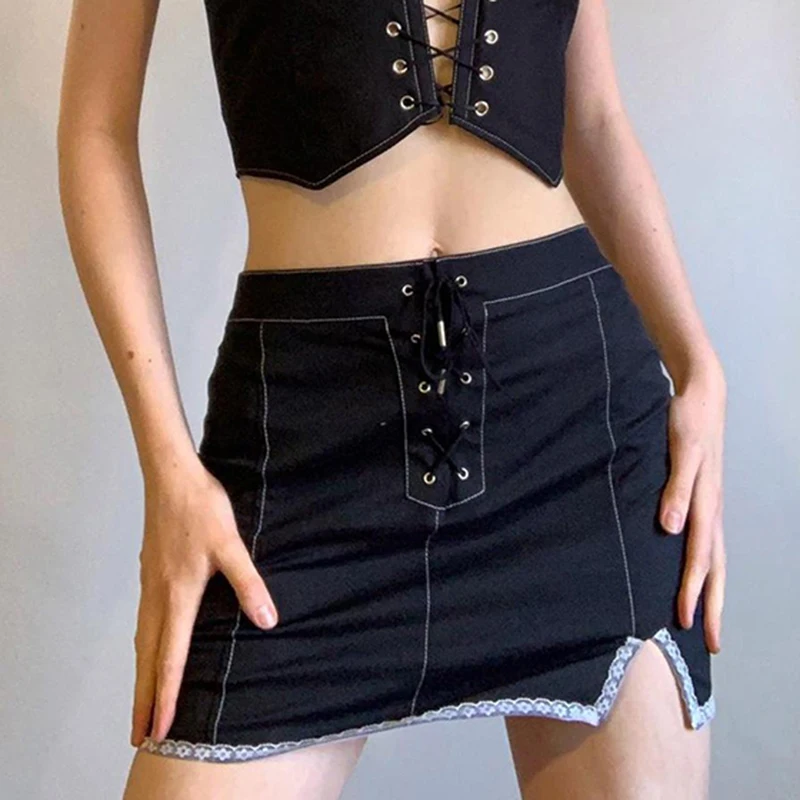 Female Sexy Mini Skirts Contrast Color Lace Trim Splicing High Waist Vintage Solid Color Bandage Skinny Slit Denim Skirts
Female Sexy Mini Skirts Contrast Color Lace Trim Splicing High Waist Vintage Solid Color Bandage Skinny Slit Denim Skirts