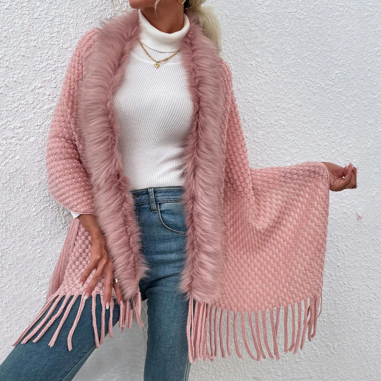 

Winter Bohemian Shawls Fur Collar Wraps Fringe Oversized Solid Color Womens Winter Ponchos Capes Batwing Sleeve Cardigan