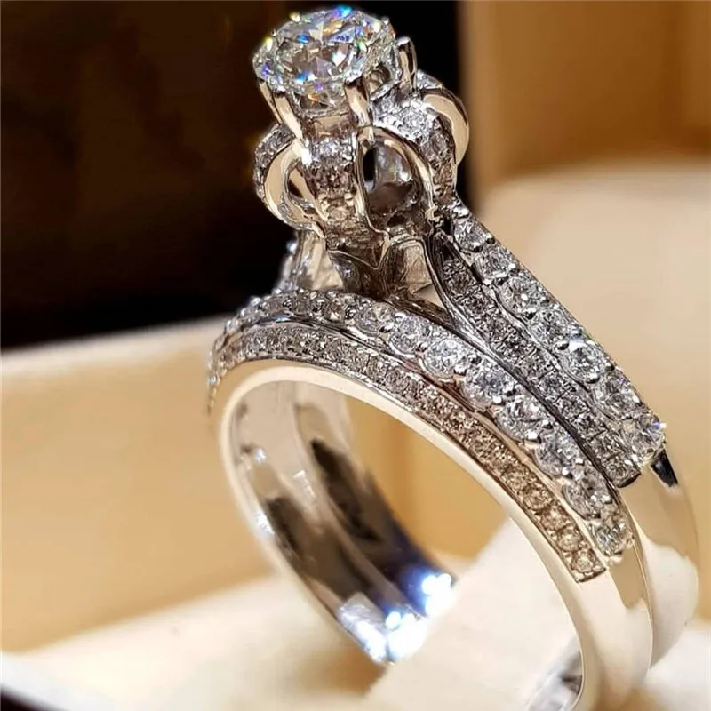 

Milangirl New Fashion Luxury Silver Zirconia Crown Ring Set Women Wedding Party AAA Zircon Crystal Ring Romantic Jewelry