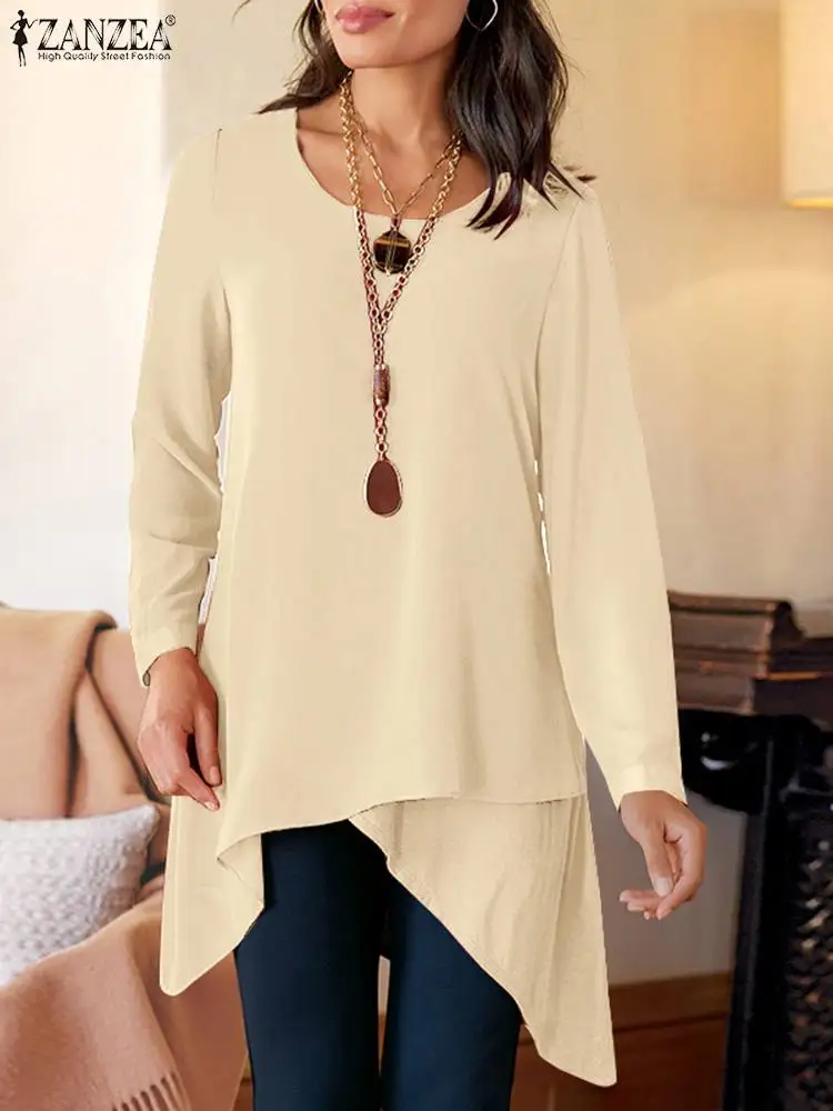 

Блузка ZANZEA Женская однотонная с круглым вырезом, Повседневная Свободная рубашка с асимметричным подолом, модная длинная сорочка для отдыха, весна 2023