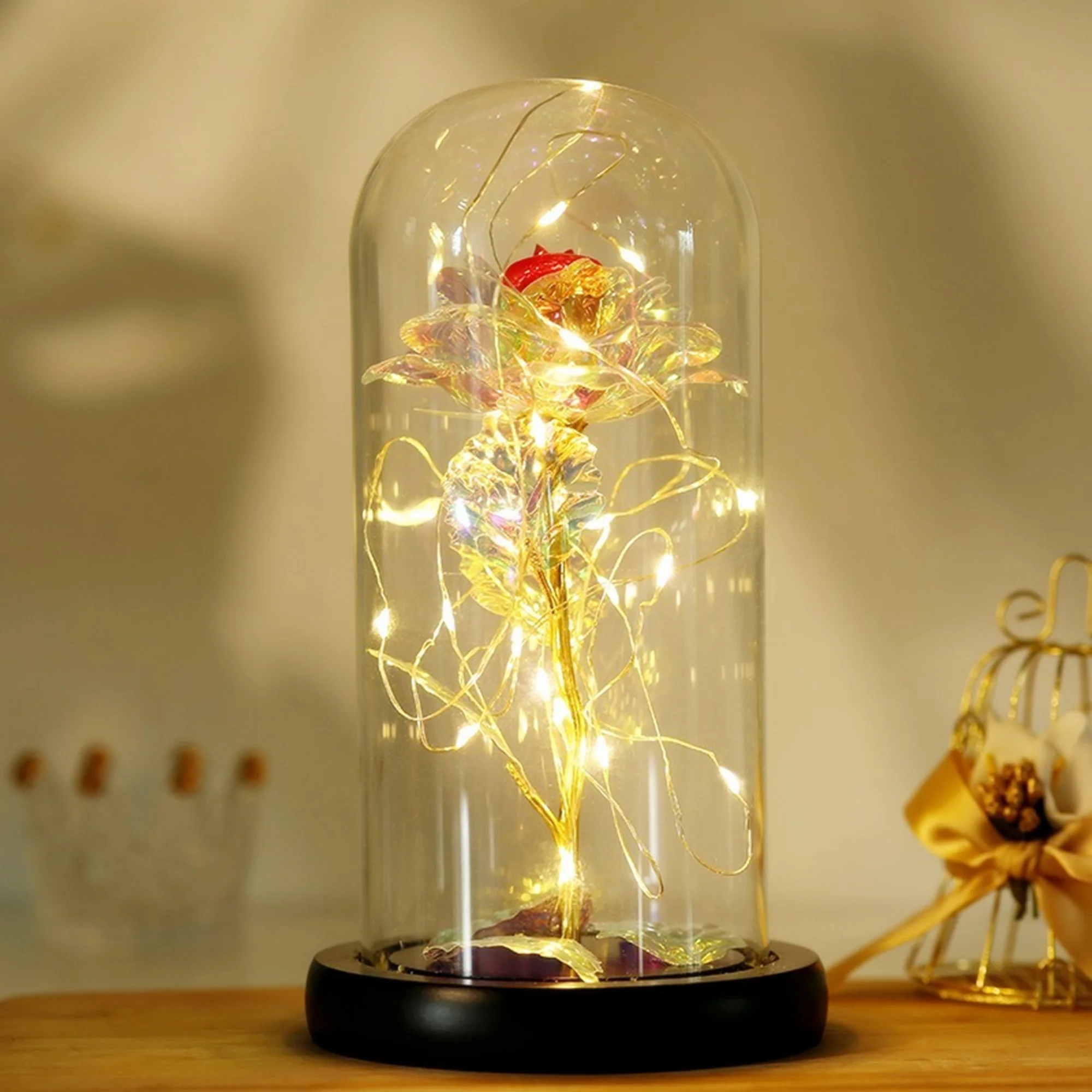 

24K DIY Gold Leaf Flower Imitation product with lamp immortal rose Glass Cover Led Light Gift Box set Display dome