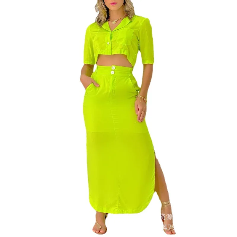 

Two Piece Set Solid Color Plain Pocket Detail Buttoned Crop Top & Split Hem Skirt Set Women Summer