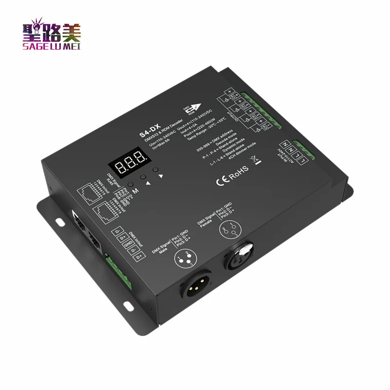 

S4-DX 100-240VAC 4 Channel 4CH High Voltage LED Strip DMX512 & RDM Decoder Green terminal, XLR3 and RJ45 port DMX signal input