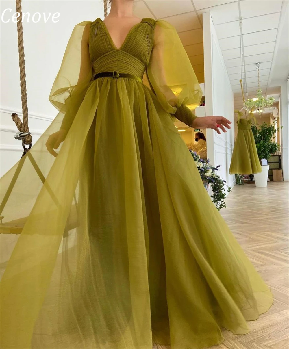 

Cenove Strapless Chiffon Evening Long Sleeves Sling Gown Prom Belt A-Line Green Tulle Watteau Train Dresses for Women 2023 Bride