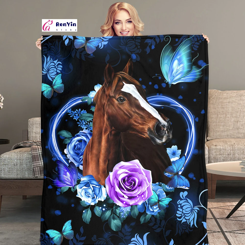 

Blue Fannel Blankets Cute Horse with Rose Floral Print Warm Plush Blanket Throw for Sofa/Bed/Couch Cozy Soft Sherpa Quilt Mantas