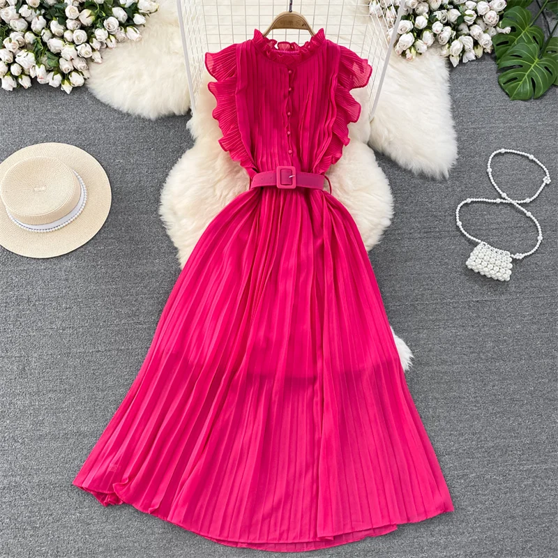 Summer Women Mid-Length O-neck Sleeveless Dress With Belt Elegant Solid Color Chiffon Pleated Dress Vestido Evening Party Dress 
Summer Women Mid-Length O-neck Sleeveless Dress With Belt Elegant Solid Color Chiffon Pleated Dress Vestido Evening Party Dress