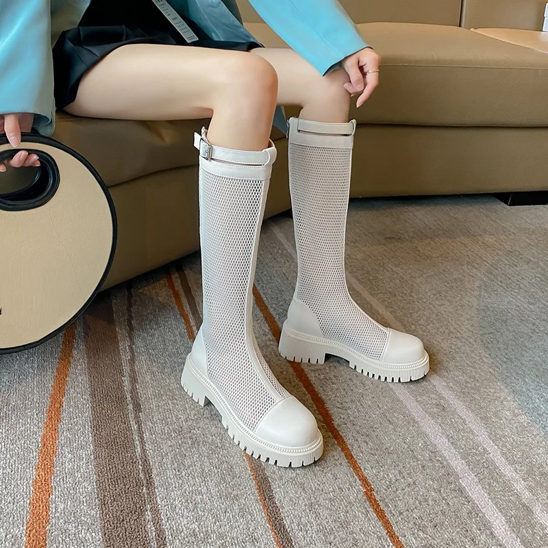 

Summer Botas With Buckle Hollow Shoes Breathable Mesh And Leather Thigh High Boots Rome Gladiator Women Sandals Zipper Shoes