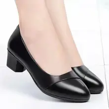 Shoes Women Mid Heel Office Lady Pumps PU Leather Black Basic Square Heeled Spring Autumn Loafers Female Zapatos