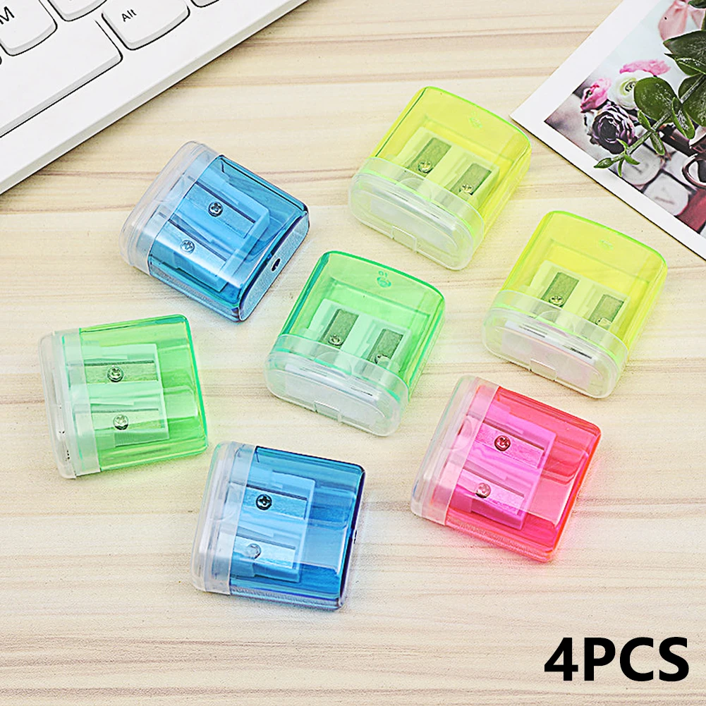 

4pcs For Children Double Hole With Container Durable Classroom Portable Manual Schools Students Colourful Pencil Sharpener