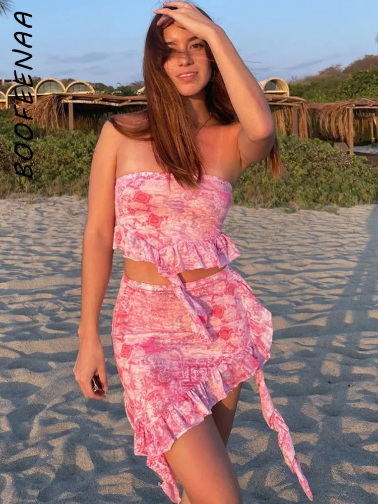 BOOFEENAA Pink Two Pieces Sets Ruffle Tube Top and Mini Skirt Cute Sexy Summer Vacation Outfits for Women Short Dress C16-BI20
BOOFEENAA Pink Two Pieces Sets Ruffle Tube Top and Mini Skirt Cute Sexy Summer Vacation Outfits for Women Short Dress C16-BI20