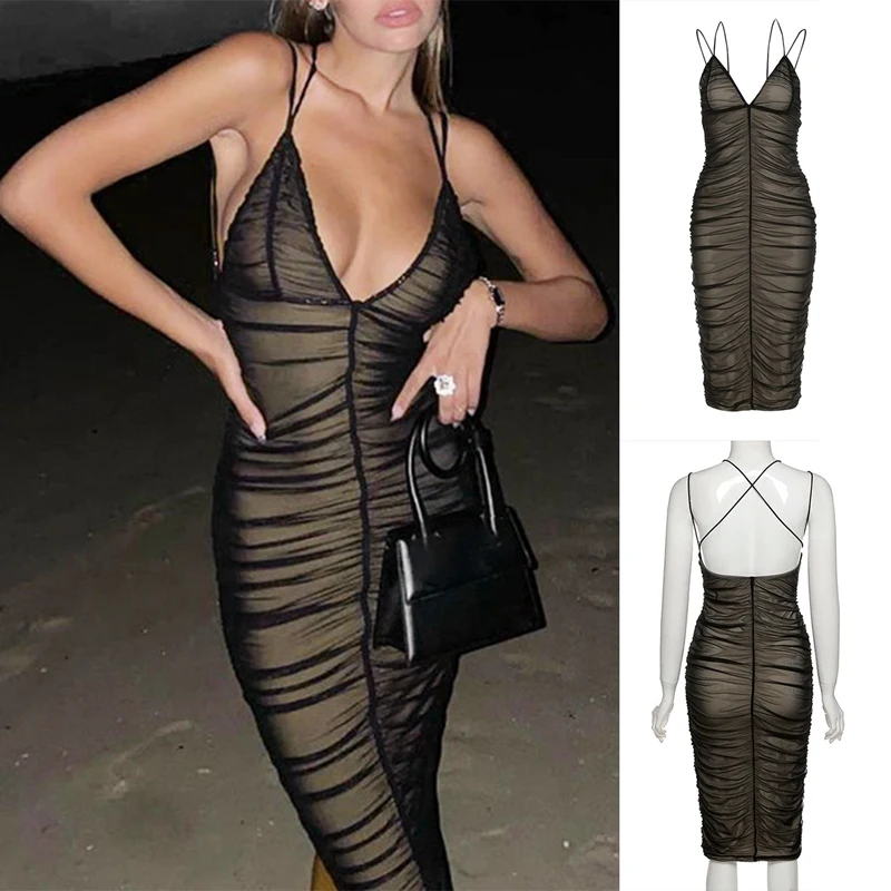 Sexy Suspenders Women's Mesh Pleated Tight-Fitting Dress Solid Color Beach Party Fashion Women's Street Outfit 
Sexy Suspenders Women's Mesh Pleated Tight-Fitting Dress Solid Color Beach Party Fashion Women's Street Outfit