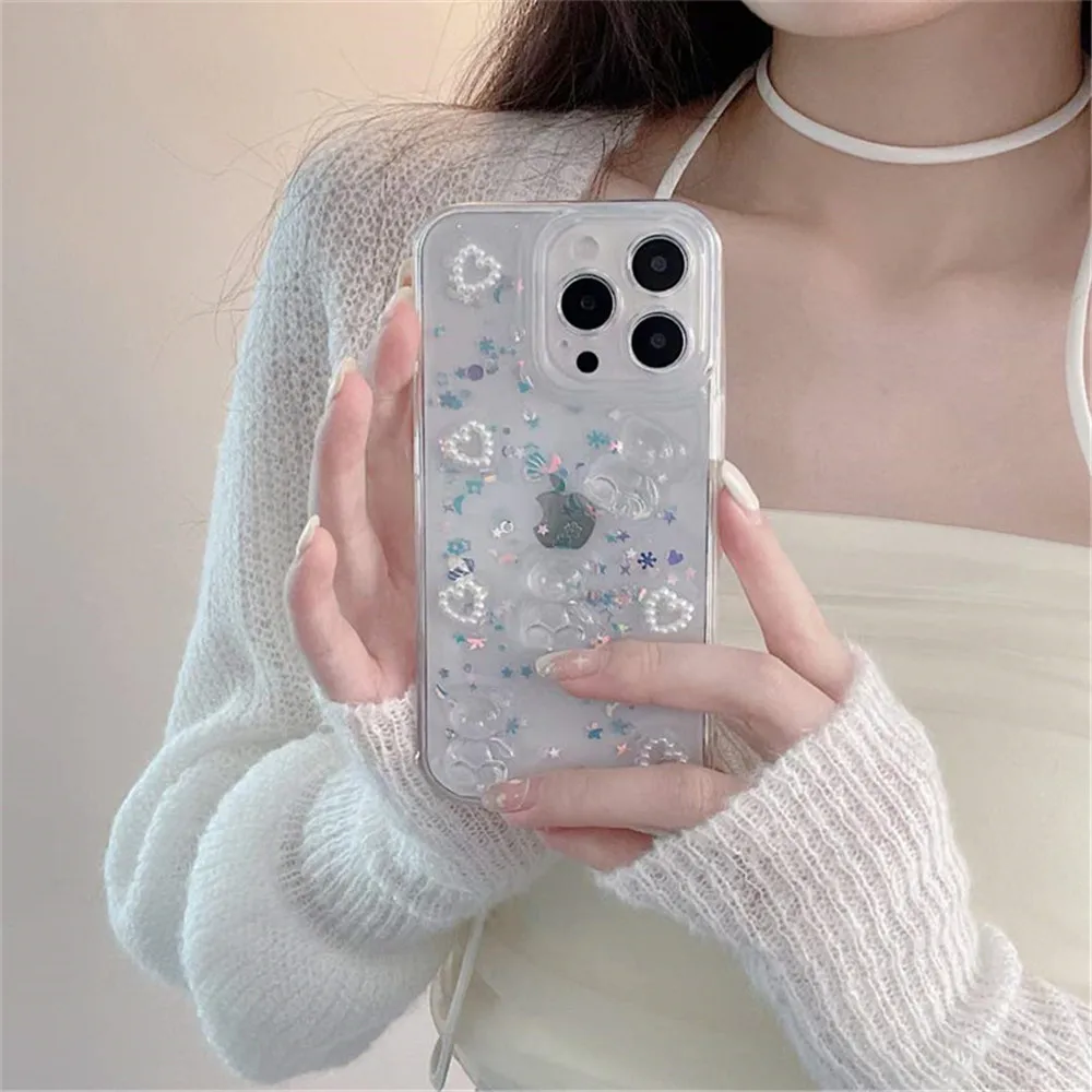 

Ottwn Cute 3D Pearl Love Heart Silicone Phone Case for iPhone14 13 11 12 Pro Max XR XS 7 8 Plus Soft Shockproof Back Bumper Cove