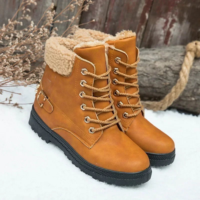 

Женские кожаные ботильоны, водонепроницаемые Нескользящие ботинки на толстом плюше, теплая обувь для снега, зима 2023