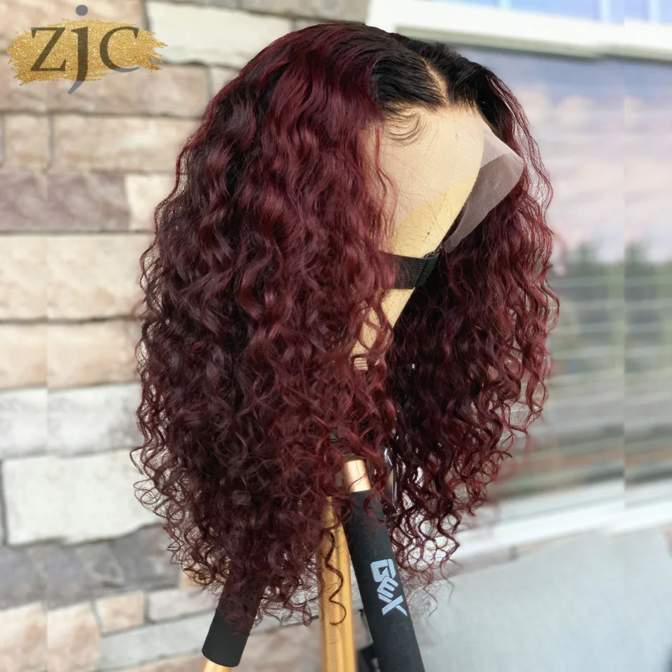 

Ombre Burgundy 13x4 Lace Front Wigs 99J Two Tone Brazilian Remy Human Hair Deep Curly Lace Wig With Pre Plucked Natural Hairline