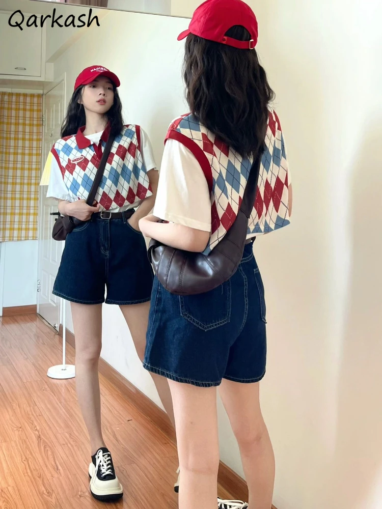 

2 Pieces Sets Women Summer White Short Sleeve T-shirts + Knitted Argyle Vests Harajuku Preppy Korean Style Students Aesthetic
