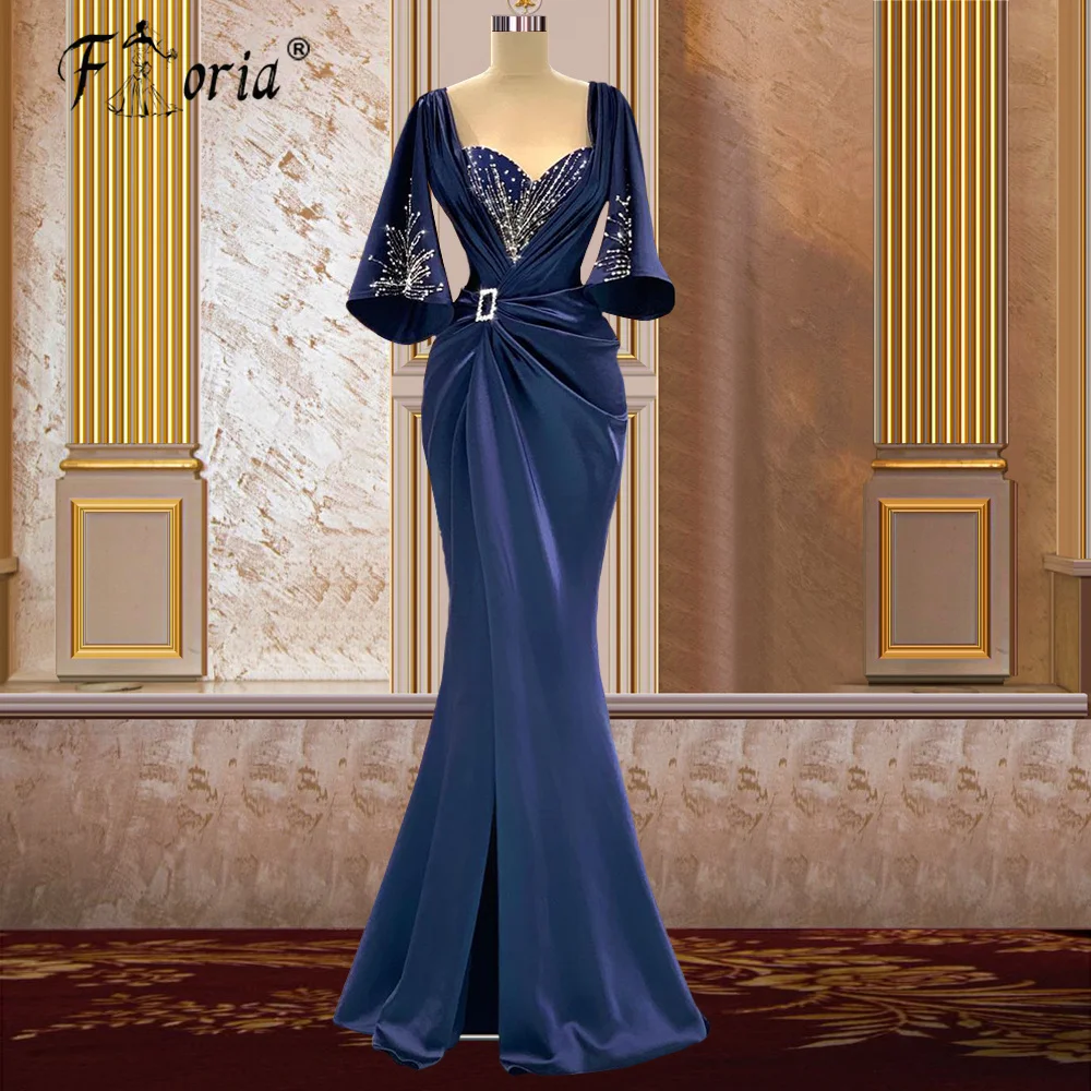 

Женское атласное платье-русалка, темно-синее длинное вечернее платье для матери невесты, с расширяющимися книзу рукавами, для свадьбы, банкета, церемонии