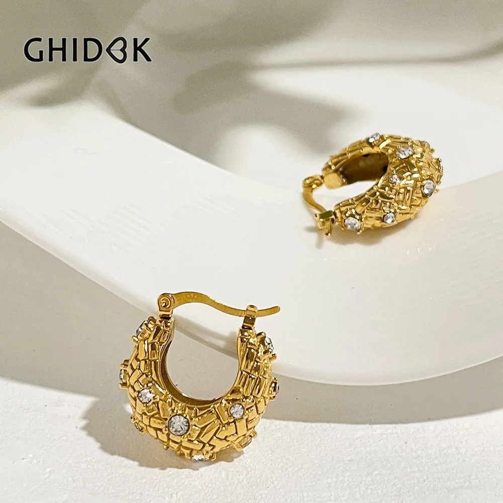 GHIDBK Modern Stainless Steel Chunky Gold Plated Hoop Earrings with Rhinestones Bold Thick Basket Huggie Jewelry Tarnish Free
GHIDBK Modern Stainless Steel Chunky Gold Plated Hoop Earrings with Rhinestones Bold Thick Basket Huggie Jewelry Tarnish Free