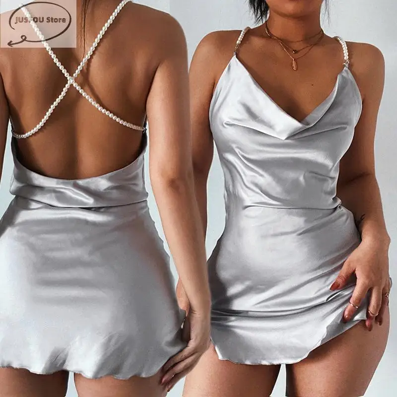 

Silkly Strap Mini Dresses for Women Sexy Backless Criss Pearl Robe Party Dresses Clubwear Strappy Vestidos Hot Female Clothing